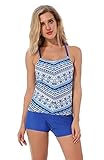 CHJPRO Women Padded Push up Printed Racerback Two Pieces Swimsuit Tankini Set with boyshort (S-3XL)