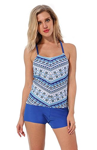 CHJPRO Women Padded Push up Printed Racerback Two Pieces Swimsuit Tankini Set with boyshort (S-3XL)