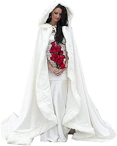 ShineGown Women's Long White Wedding Wraps Faux Fur Cape Winter with Hoods Cloak for Bridal Wraps