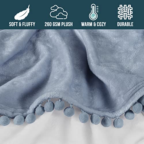 PAVILIA Pom Pom Blanket Throw, Slate Dusty Light Blue Soft Fleece