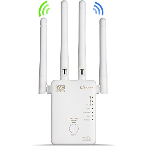 Qoosea WiFi Extender Repeater/AP/Router AC1200 Mbps Dual Band Wireless Signal Range Booster with 4 External 3dBi Antennas Compatible with Smart Home & Alexa Devices - White