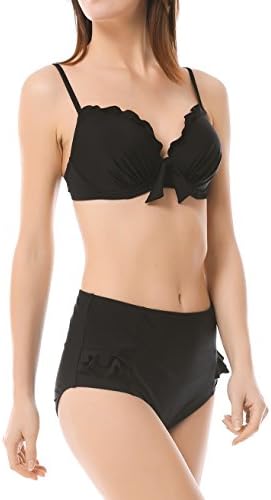 MISSWIM Women's High Waisted Bikini Set with Underwire Two Piece Vintage Swimsuit (Black,L)