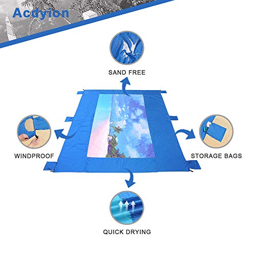 Acdyion Outdoor Sandproof Beach Blanket 9' X 10' Lightweight Oversized Waterproof Durable Beach Mat for Picnic, Travel, Camping, Hiking, Festivals Large Printing Blanket with Pockets (Sapphire Blue)