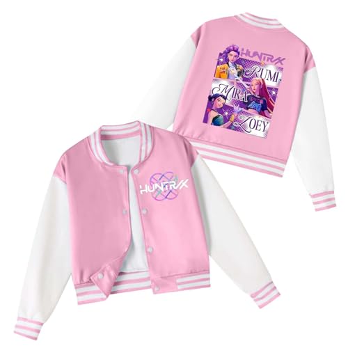 K P-o-p Demon Hunters Jacket H-Huntrix Varsity Jacket for Kids and Teens Baseball Style Y2K Streetwear Anime Pattern Bomber Jacket for Girls and Boys