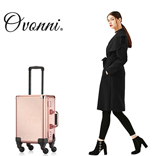Ovonni Small LED Makeup Train Case, Lighted Rolling Travel Portable Cosmetic Organizer Box with Mirror and 4 Detachable Wheels, Professional Artist Trolley Studio Free Standing Workstation, Rose Gold