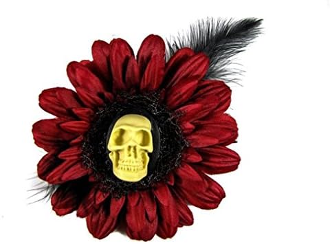 Nick's Bows Burgundy &amp; Black Feather w 3D Skull Cameo Edgar Allen Poe Hair Clip