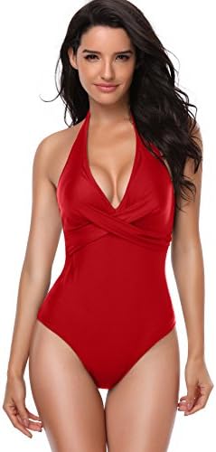 Women's One Piece Swimsuit Crisscross Halter Monokini Swimwear (S, Red)
