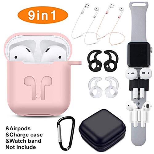 Airpods Case, Airpods Accessories Set,9 in 1 Protective Silicone Cover and Skin Compatible Apple Airpods with Anti-Lost Airpods Strap,Airpods Ear Hook/Watch Band Holder/Keychain/Carrying Box Pink