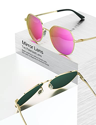 LUENX Women Sunglasses Polygon Square Polarized Round - Gold Frame and Temple Mirrored Driving uv 400 Protection with case 58 MM(Rose Red)