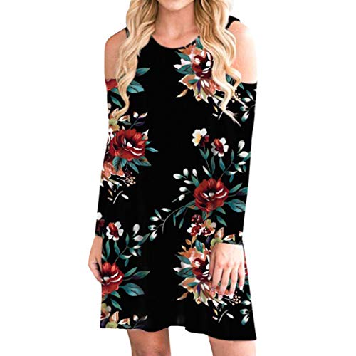 Witspace Women Casual Boho Floral Print Dress Cold Shoulder Long Sleeve Pocket Mini Dress