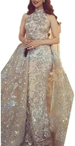 Formaldresses Bling Bling Shining Mermaid Long Prom Dress with Glitters Overskirt Evening Formal Women Gown High Neck Sleeveless (US Size 10, Silver)