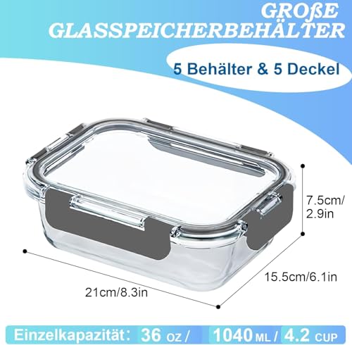 KUMD Glass Storage Jars with Lid, Set of 5 (10 Pieces) 1040 ml Borosilicate Glass Food Storage Containers for Microwave & Meal Prep - Rectangular Lunch Box, Oven-Safe, Leak-Proof