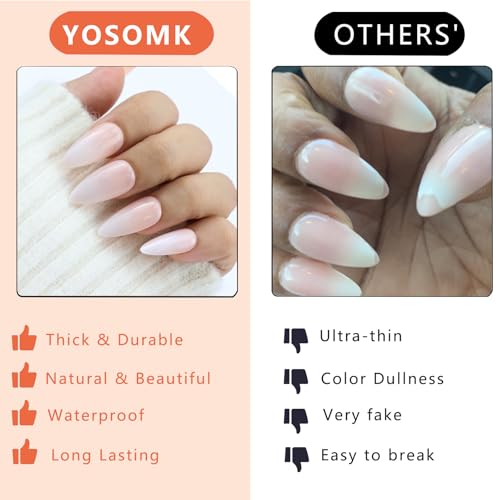 YOSOMK Gradient Nude Press on Nails Medium Almond Fake Nails Glossy Stick on Acrylic Nails Natural Ombre Glue on False Nails for Women - Image 6