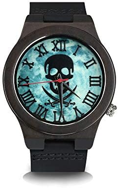 Natural Men Women Bamboo Wooden Watch with Leather Strap and Colorful Head Skull Punk Design, Quartz Wrist Watches, Handmade Wood Crafts, Black