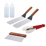 COM4SPORT 6 Piece Professional Grade Stainless Steel BBQ Grill And Griddle Spatulas Tool Kit Great For Grill Griddle Flat (2 Spatulas, 1 Chopper Scrapper, 1 Kitchen Tongs, 2 Condiment Bottles)