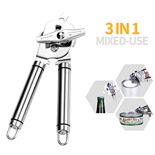 Kebley Stainless Steel Can Opener Manual Food-safe Good Gripswith Built-in Bottle Opener