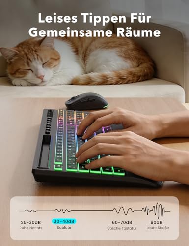 Keyboard Mouse Set Wireless Illuminated Rechargeable Keyboard with 4000 mAh Battery, Phone Holder, Quiet Full Size Typing, 3 DPI Mouse, 2.4GHz USB-A/USB-C for Chrome OS/Window/PC KM22 Ultra