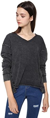 Game Of Love Women's V-neck Distress Fleece Tunic with Thermal,Black Galaxy,Small