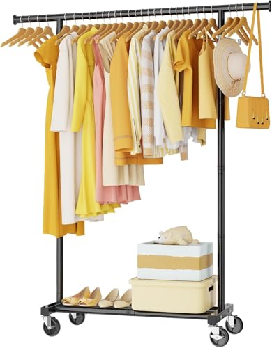 HYSEYY Clothes Rail, Rolling Clothes Rack, Clothing Rail with 4 Lockable Wheels & Storage Shelf, Sturdy Clothing Rack for Bedroom, Laundry Room, Portable Hanging Rail, 162H x 102W x 42D cm, Black