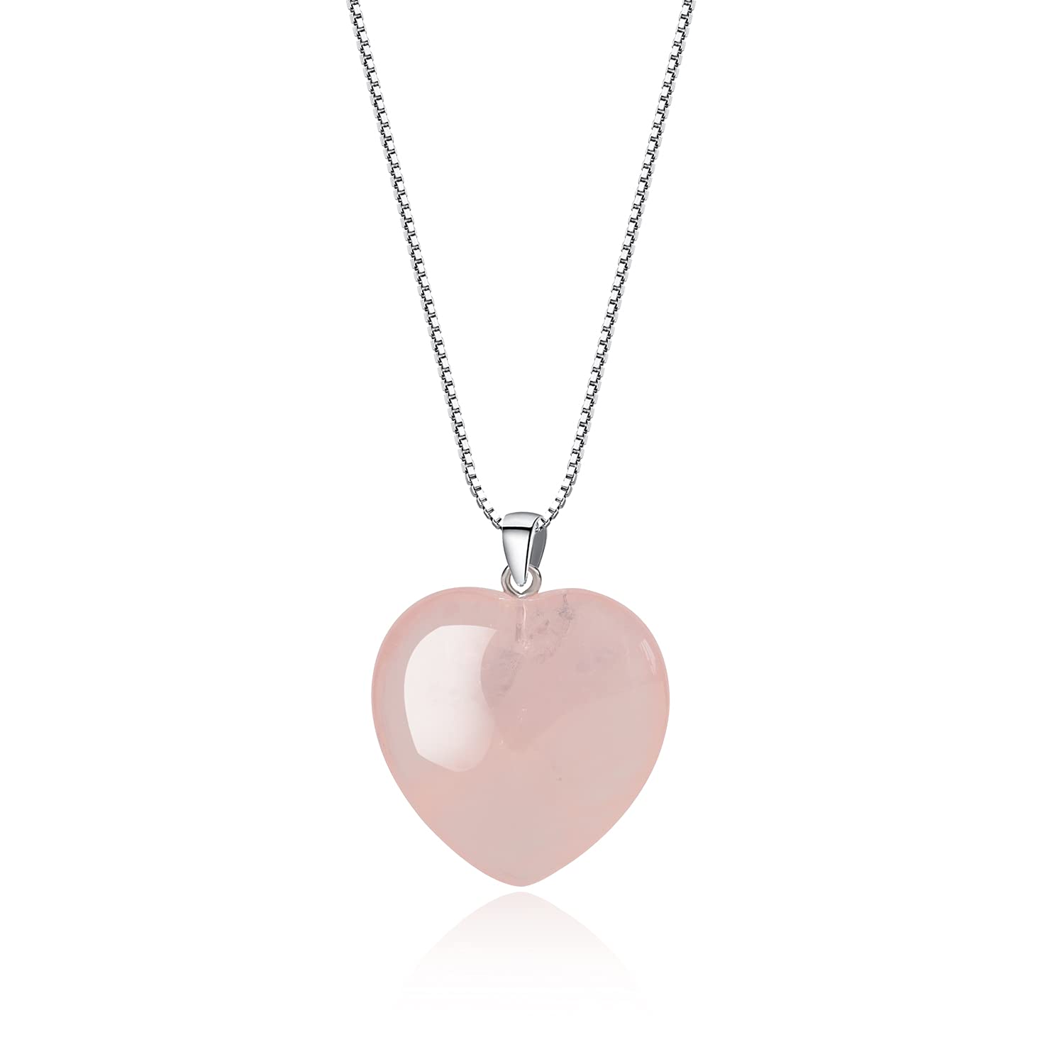 COAI Love Heart Silver Chain Rose Quartz Stone Pendant Necklace for Women
