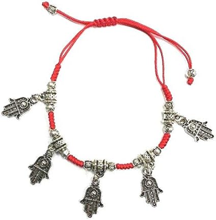 Red String Rope Kabbalah Bracelet , With 5 Pendants Of Lucky Hamsa