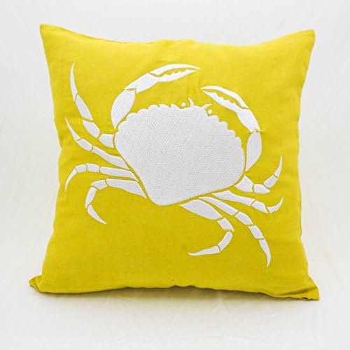 Crab Pillow Cover, Decorative hrow Pillow, Nautical Cushion, Yellow Linen, White Crab, Embroidered, Coastal Décor (18 inch x 18 inch)