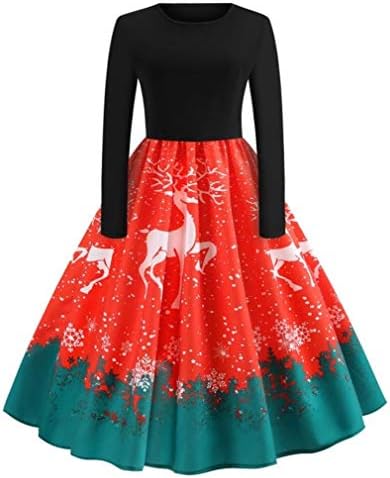 Vanbuy Womens Crewneck Long Sleeve Vintage A Line Reindeer Christmas Dress Xmas Rockabilly Party Swing Dresses