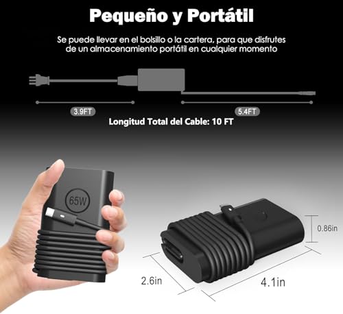 TGHQTR Cargador para Laptop USB C/Tipo C de 65 W,Compatible con Las Series DELL Latitude 3000/5000/7000/9000,Series Inspiron 5000/7000, XPS 13 Chromebook Cargador de Carga Rapida