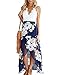 FANCYINN Women Lace Patchwork Floral Chiffon Dress Backless Summer Beach Irregular Maxi Dress with Belt Blue XL