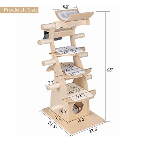 Good Life 63" Modern Design Cat Tree House with Scratching Post Tower - Deluxe Solid Wood Indoor Furniture - 6 Floors Kitty Condo Climbing Play Center with Hammock Perch Cave and Ten Sisal Columns