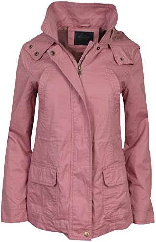 'Miss London Women\'s Military Anorak Hoodie Jacket with Drawstring Waist, Mauve, Large'