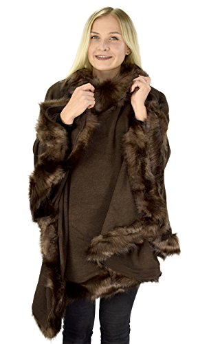 Peach Couture Womens Faux Fur Relaxed Fit Poncho Cape Pullover Sweater Brown