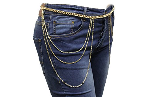 TFJ Women Fashion Belt Hip Waist Gold Metal Chains Side Long Waves Hips S M L