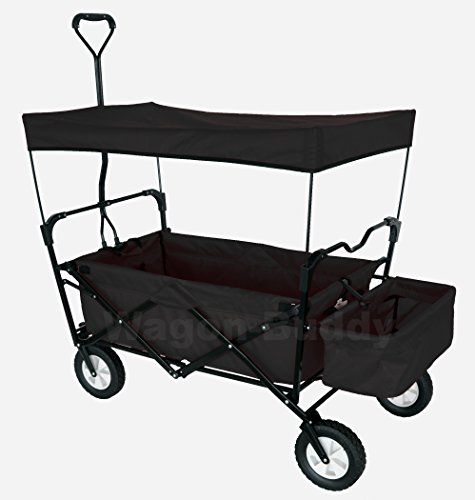 BLACK PUSH AND PULL HANDLE WITH REAR FOOT BRAKE FOLDING STROLLER WAGON W/ CANOPY OUTDOOR SPORT COLLAPSIBLE BABY TROLLEY GARDEN UTILITY SHOPPING TRAVEL CARTFREE CARRYING BAG - EASY SETUP NO TOOL NEED