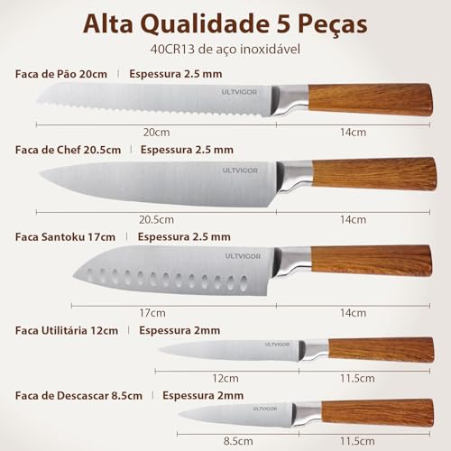 ULTVIGOR Jogo de Facas 5 Peças, 4CR13 Aço Inoxidável Afiado e Durável, Cabos antiderrapante, Corte Preciso para Cozinhas Domésticas, Inclui Faca de Chef, Santoku