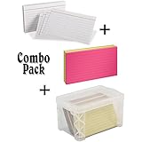 Index Card Box, Clear 3" x 5" With Neon Index Cards, 3" x 5", Ruled, Assorted Colors, 100 Per Pack With Heavyweight Ruled Index Cards, 3" x 5", White, 100 Per Pack