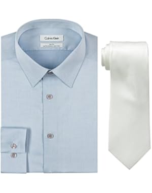 Calvin Klein Men's Blue Slim Fit Herringbone Dress Shirt and Silver Spun Tie Combo