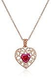 Rose Gold Plated Sterling Silver Swarovski Zirconia Red Open Heart Vintage Style Pendant Necklace, 16" + 2.5" Extender