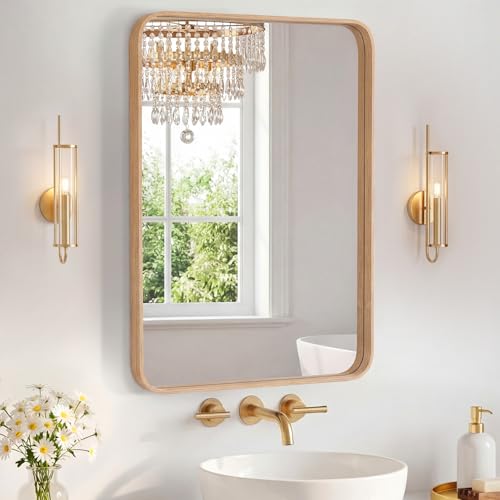 Sweetcrispy Bathroom Mirror 30x22 Inch Metal Framed Rounded Rectangle Vanity Mi…