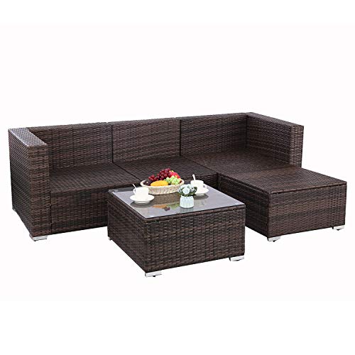 Do4U 5-Piece Patio Furniture Sets All-Weather Outdoor Sectional Sofa with Turquoise Cushion and Glass Table - Thumbnail 5