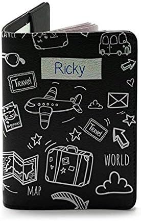 Leather Passport Cover - Passport Holder Case for Men & Women - Wanderlust Collection - Travel Gift (Travel Pattern - Black)