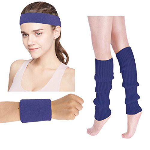 Women's 80s Costumes Accessories Neon Headband Wristband Leg Warmers Set for 1980s Theme Party Supplies(Navy) - Thumbnail 2