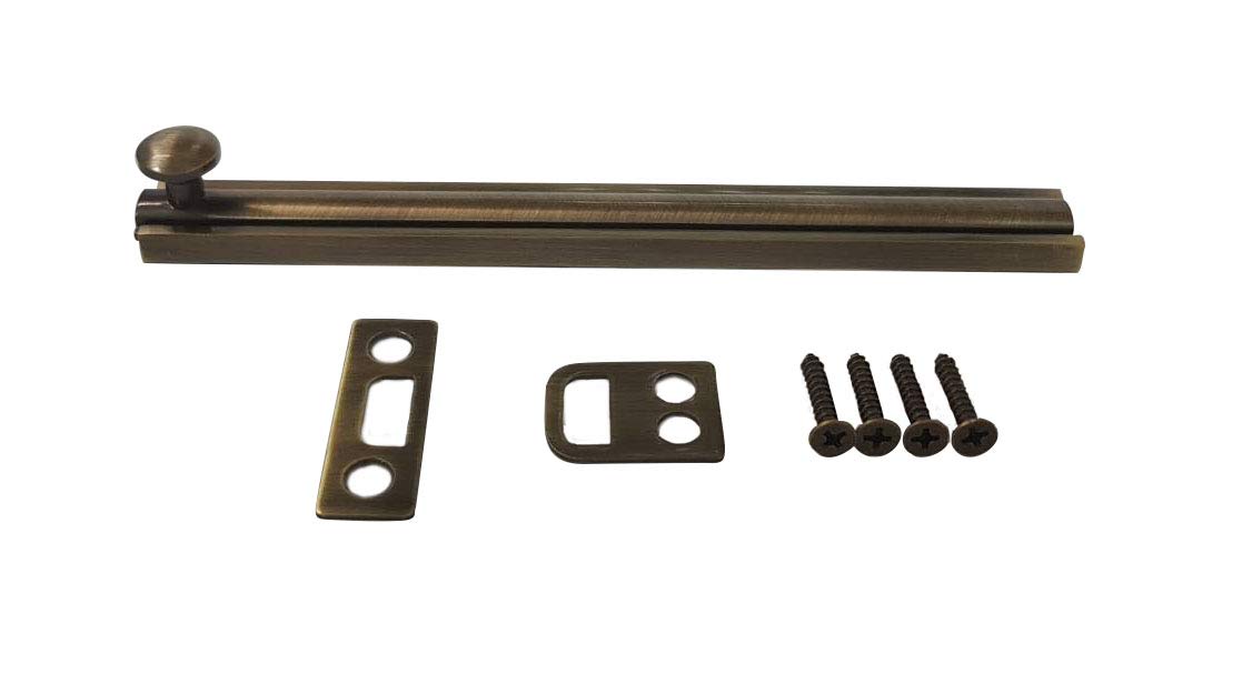 QCAA Solid Brass Surface Bolt, 6", Brushed Antique Brass, 1 Pack, Made in Taiwan