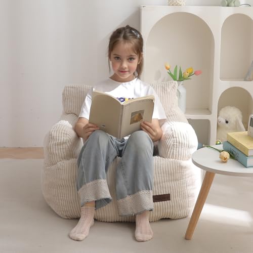 MAXYOYO Kids Bean Bag Chair, Stuffed Toddler Bean Bag Sofa with Filler Bean Bag Chair for Boys and Girls, Lazy Sofa with Pocket for Gaming, Beige Small