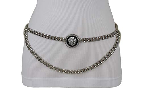TFJ Women Belt Hip High Waist Silver Metal Chain Links Waves Lion Charm Buckle Plus M L XL