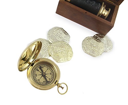 Well Pack Box Antique Brass Telescope For Adults And Kids Includes Authentic Brass Compass, 6 Plastic Golden Doubloons, Smooth Durable Telescope Case, and Real World Brown Paper Pirate Map