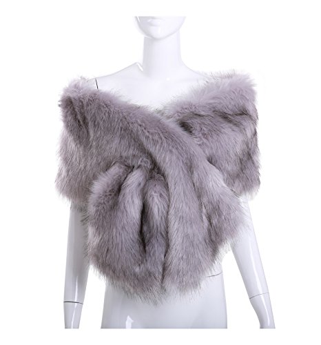 KAMA BRIDAL Women Long Faux Fox Fur Stole Bridal Bolero Cover Up Winter Soft Shawl Scarf Silver Grey