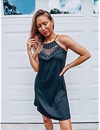 YIBOCK Vestido de verano para mujer, sin mangas, cuello halter, encaje, color liso, suelto