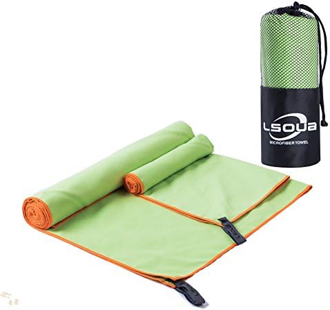 Lsoua Microfiber Towel for Quick Drying and Absorbent โ 2 Pack 60"30" (Bath/Beach) & 24"15" (Hand/Face) with Mesh BAG - for Sports, Gym, Swimming, Camping, Travel, Bath, Beach & More(Green)