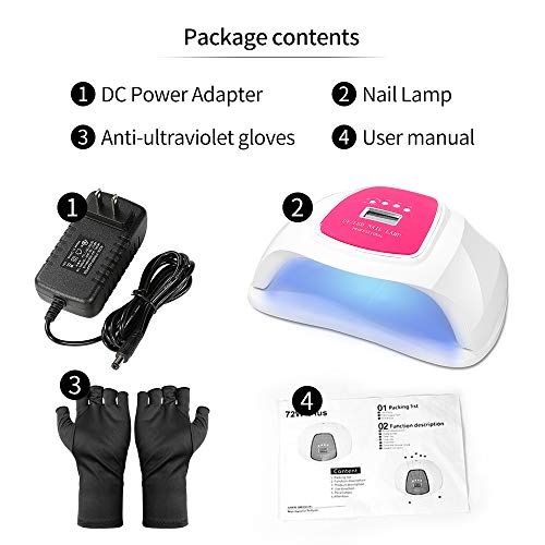 UV Nail Lamp 72W LED UV Nail Dryer with Sensor 4 Timer Setting Professional UV Gel Nail Lamp with UV Shield Glove for Led UV Builder Gel Finger Nail Polish